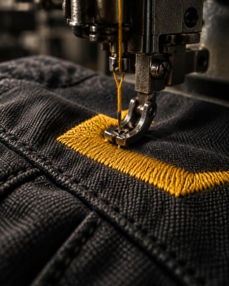 Detail van mosterdkleurig borduurwerk op zwarte werkkleding